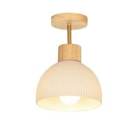 NHPJFDC Solid Wood Base Modern Ceiling Light Ribbed White Glass Shade Ceiling Lamp Bell Shape Lighting Fixture for Hallway Entryway Bedroom Kitchen E26 Base(1 Pack)