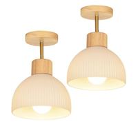 NHPJFDC Solid Wood Base Modern Ceiling Light Ribbed White Glass Shade Ceiling Lamp Bell Shape Lighting Fixture for Hallway Entryway Bedroom Kitchen E26 Base(2 Pack)
