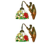 NHPJFDC Tiffany Style Wall Sconce, Stained Glass Vintage Mirror Front Light Bedside Aisle Set of 2 Wall Lamp for Bedroom Living Room Balcony Hallway,Green