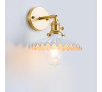 NHPJFDC Vintage Ceramic Wall Sconce Scalloped Brass Wall Lamp Adjustable Arm Bathroom Vanity Wall Lighting Fixture for Farmhouse Bedroom Bedside Living Room(White)