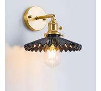 NHPJFDC Vintage Ceramic Wall Sconce Scalloped Brass Wall Lamp Adjustable Arm Bathroom Vanity Wall Lighting Fixture for Farmhouse Bedroom Bedside Living Room(Black)