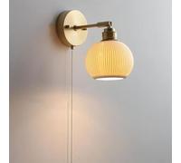 NHPJFDC White Ceramic Round Wall Lamp Retro Gold Brass Small Wall Light Japanese Style Wall Sconces with Pull Chain Switch for Bedroom Kitchen Study Aisle