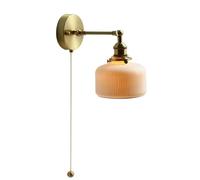 NHPJFDC White Striped Ceramic Wall Light Japanese Style Gold Brass Wall Sconces Vintage Rotating Wall Lamp with Pull Chain Switch for Kitchen Sink Bedroom Study Dining Room
