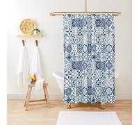 NHSY Ceramic Tile Vintage Texture Pattern Blue Porto Shower Curtain Tilework Retro Geometrical Mosaic Floral Flowers Clipart Interior Curly Arabesque Printed Decoration,180x180cm