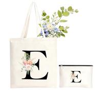 NHTJTHE Initials Cotton Bag, Personalised Canvas Shopping Bag with Zip and Matching Cosmetic Bag, Special Gift Idea for Women, Mum, Girlfriend for All Holidays, E
