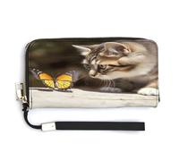 NHYDSPQ Womens Wallet,Cat And Butterfly Print Ladies Cluth,PU Leather Zip Around Wallet,wrist Strap Long Purse, style, 20.0*10.5cm, Modern