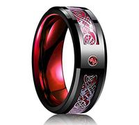 NHYHEHMR 8 mm Titanium Steel Wedding Ring for Men Women Punk Celtic Dragon Blue Red Carbon Fiber Ring AAA CZ Inlay Wedding Band