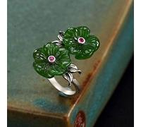 NHYHEHMR Chinese style ring jewelry S925 Pure Retro Ring Nethritis Jasper Plum with two heads Women Open High -end open Adjustable Adjustment