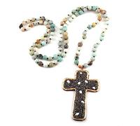 NHYHEHMR Fashion Bohemian Jewelry 108Pc Mala Stone Knotted Big Crystal Pave Cross Pendant Yoga Necklace,Fashion Aesthetic Sweater Chain, Gemstone Choker Jewelry For Women Gifts ui