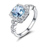 NHYHEHMR Rings For Women Blue Topaz Real Gemstone Aquamarine Cushion Romantic Classic Gift Engagement Fine Jewelry