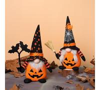 Ni-JASW Halloween Plush Gnomes Set of 2, Black Orange Pumpkin Spider Web Swedish Tomte Elf Figurines Tiered Tray Decor