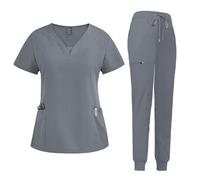 Niaahinn Scrub Suit Set for Women Modern V-neck + Leg Drawstring Jogger Pants Medical Nursing Uniforms Set (Gray,L)