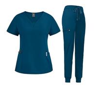 niaahinn Scrub Suit Set for Women Modern V-neck Top & Tapered Leg Jogger Pants with Drawstring Medical Nursing Uniforms Set, Caribbean Blue, XL