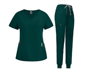 niaahinn Scrub Suit Set for Women Modern V-neck Top & Tapered Leg Jogger Pants with Drawstring Medical Nursing Uniforms Set (Deep Green, Medium)