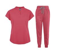 niaahinn Scrubs Set for Women Nurse Uniform Jogger Suit Stretch Top & Pants with Multi Pocket for Nurse Esthetician Workwear, Coral, Medium