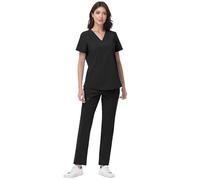 niaahinn Women's Scrub Set - V-Neck Medical Uniforms with Stretch Fabric & Zipper Pockets, Black, Large