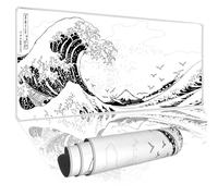 NIAEIAIE Japanese Sea Wave Gaming Mouse Pad White Anime Mousepad Extended XL Kanagawa Desk Pad, Non-Slip Rubber Base Waterproof Big Keyboard Mat with Stitched Edges for Office Home, 31.5 x 11.8 Inch