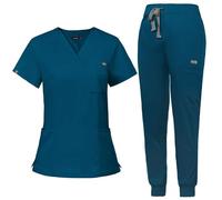 NiaHin Unisex Scrubs Uniforms Women Set, 11 Pockets Stretch V-Neck Scrub Top & Jogger Pants, Beauty Tunic, Nurses Uniform, Medical Work Wear for Healthcare Hospital/Dental Practice