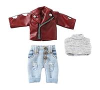 niannyyhouse 1/12 BJD OB11 Doll Clothes Leather Jacket Vest Ripped Jeans Doll Dressup (Wine Red)