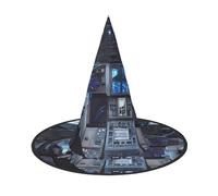 Nianyuer Halloween Witch Hat for Adults,Cabin of the Future Print Spooky Pointed Hat,Lightweight Party Costume Headwear