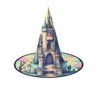 Nianyuer Halloween Witch Hat for Adults,Fairytale Castle Print Spooky Pointed Hat,Lightweight Party Costume Headwear