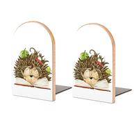 Niapessel Book Ends Bookends for Shelves to Hold Books Cute Smart Hedgehog Print Small Non-Slip Book Stoppers Wood Decorative Home Office Desk