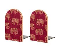 Niapessel Book Ends Bookends for Shelves to Hold Books Elephants Indian Style Print Small Non-Slip Book Stoppers Wood Decorative Home Office Desk