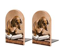 Niapessel Book Ends Bookends for Shelves to Hold Books Funny Dachshund Animal Print Small Non-Slip Book Stoppers Wood Decorative Home Office Desk