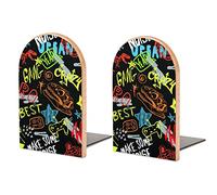 Niapessel Book Ends Bookends for Shelves to Hold Books Graffiti Cool Boys Pattern Print Small Non-Slip Book Stoppers Wood Decorative Home Office Desk