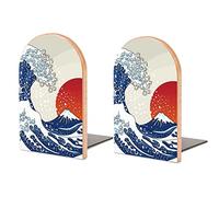 Niapessel Book Ends Bookends for Shelves to Hold Books Japanese Ocean Sunset Print Small Non-Slip Book Stoppers Wood Decorative Home Office Desk