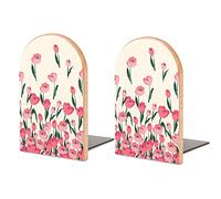 Niapessel Book Ends Bookends for Shelves to Hold Books Pink Floral Print Small Non-Slip Book Stoppers Wood Decorative Home Office Desk