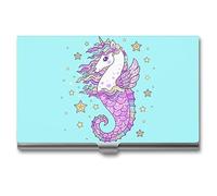 Niapessel Business Card Holder, Seahorse Unicorn Print Pocket Slim Portable Metal Business Card Case for Women Men, 3.7X2.2X0.3 Inch