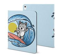 Niapessel for iPad 9th Generation Case/for iPad Air 5th Generation Case/for iPad Pro 11 Inch, Cute Cat Surfing in Sea Print with Pencil Holder & Stand (TPU Leather)