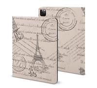 Niapessel for iPad 9th Generation Case/for iPad Air 5th Generation Case/for iPad Pro 11 Inch, Retro Eiffel Tower Stamp Print with Pencil Holder & Stand (TPU Leather)