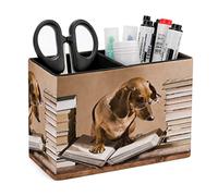 Niapessel Funny Dachshund Animal Pencil Holder, 2 Compartments, Brown Leather, Stationery Organizer, Makeup Brush Holder, Office School College