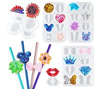 NiArt 8mm Straw Topper Epoxy Resin DIY Casting Silicone Mold Kit, 5 Molds with 14 Shapes Lip/Gear/Heart/Star/Crown/Diamond/Butterfly/Sunflower/Bird/Bowtie Plaster UV Decoration Art Craft Handmade Gift