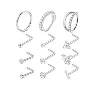Niaspi 12Pcs Nose Hoop Ring Nose Studs Rings 20G Stainless Steel Tiny Rhinestone Heart Star Butterfly L Shape Screw Cartilage Nostril Piercing Jewelry for Women Men (Silver)