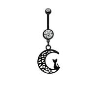 Niaspi 14G Moon Cat Dangle Belly Button Bars Rings for Women Unisex Stainless Steel Black Enamel Kitten Moon Navel Barbell Rings Vintage Cubic Zircon Halloween Statement Body Piercing Jewelry Gifts