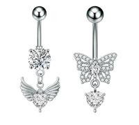 Niaspi 2 Pcs Crystal Butterfly Wings Belly Button Rings for Women Stainless Steel Heart Dangle Naval Studs Curved Barbell Ring Body Jewelry, 14G, Stainless Steel Crystal, no gemstone