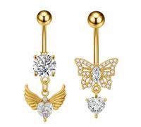 Niaspi 2 Pcs Crystal Butterfly Wings Belly Button Rings for Women Stainless Steel Heart Dangle Naval Studs Curved Barbell Ring Body Jewelry, 14G, Stainless Steel Crystal, no gemstone