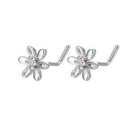 Niaspi 20G L-Shaped Pink CZ Flower Nose Rings Studs for Women Dainty Stainless Steel Hollow Flowers Floral Nose Stud Ring Simple Nostril Piercing Jewelry 2-Pack