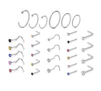 Niaspi 20G Nose Rings Set for Women Men 30Pcs Stainless Steel Nose Studs Hoops with Rainbow Tiny Rhinestone L Shape Screw Piercing Jewelry