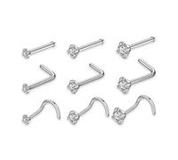 Niaspi 20G Stainless Steel Nose Rings Set 9 Pcs with Tiny CZ Rhinestone L-Shape Screw Studs Nose Rings 0.8mm Minimalist Nostril Piercing Jewelry for Women Men
