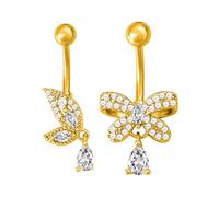 Niaspi 2Pcs Butterfly Dangle Belly Button Rings 14G Stainless Steel with CZ Rhinestone Bow Half Butterflies Belly Navel Barbell Rings Belly Piercing Jewelry for Women (Gold)