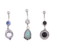 Niaspi 3Pcs Boho Belly Button Bars Ring for Women Unisex Vintage Teardrop Turquoise Dangle Belly Navel Ring Retro Bohemian CZ Round Oval Shaped Dangling Belly Barbell Body Piercing Jewelry Gifts