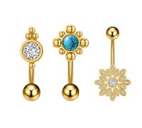 Niaspi 3Pcs Flower Blue Turquoise Belly Button Ring for Women Stainless Steel Cubic Zirconia Floral Vintage Belly Navel Piercing Barbell Body Piercing Jewelry (Gold)