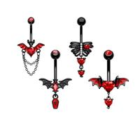 Niaspi 4Pcs Bat Belly Button Rings for Women Unisex Stainless Steel 14G Crystal Red CZ Heart Dangle Belly Navel Barbell Ring Punk Halloween Statement Body Piercing Jewelry