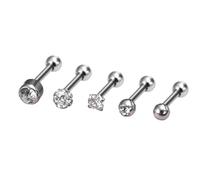Niaspi 5Pcs Hypoallergenic Surgical Steel Earrings Set for Women 16G Moon Heart Star CZ Small Ball Screw Back Earrings Studs Simple Stainless Steel Cartilage Piercing Jewelry, S, Stainless Steel, No
