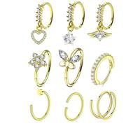 Niaspi 9Pcs Rhinestone Nose Ring for Women 20G Stainless Steel CZ Crystal Heart Star Dangle Hoops Nose Rings Cartilage Earrings Septum Nose Piercing Jewelry (Gold)