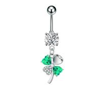 Niaspi CZ Four Leaf Clover Belly Button Rings for Women Stainless Steel Green Crystal Belly Dangle Navel Piercing Barbell Studs Rings ST Patricks Day Irish Piercing Jewelry (Silver)